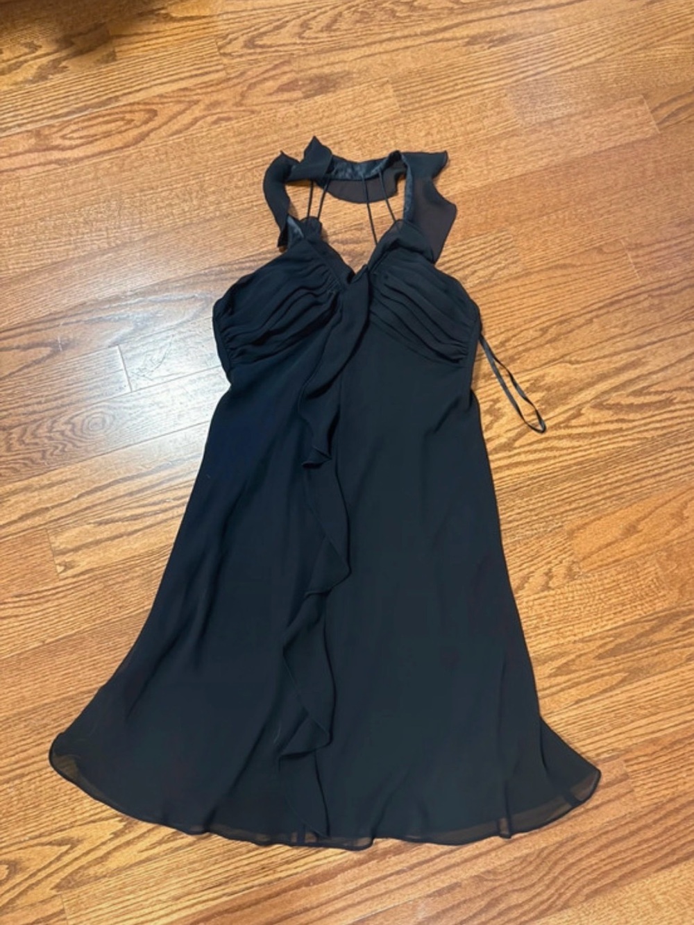 Dressbarn Petite Black Chiffon Ruffle Halter Dress Y2K Cocktail 14P Fits 6-8